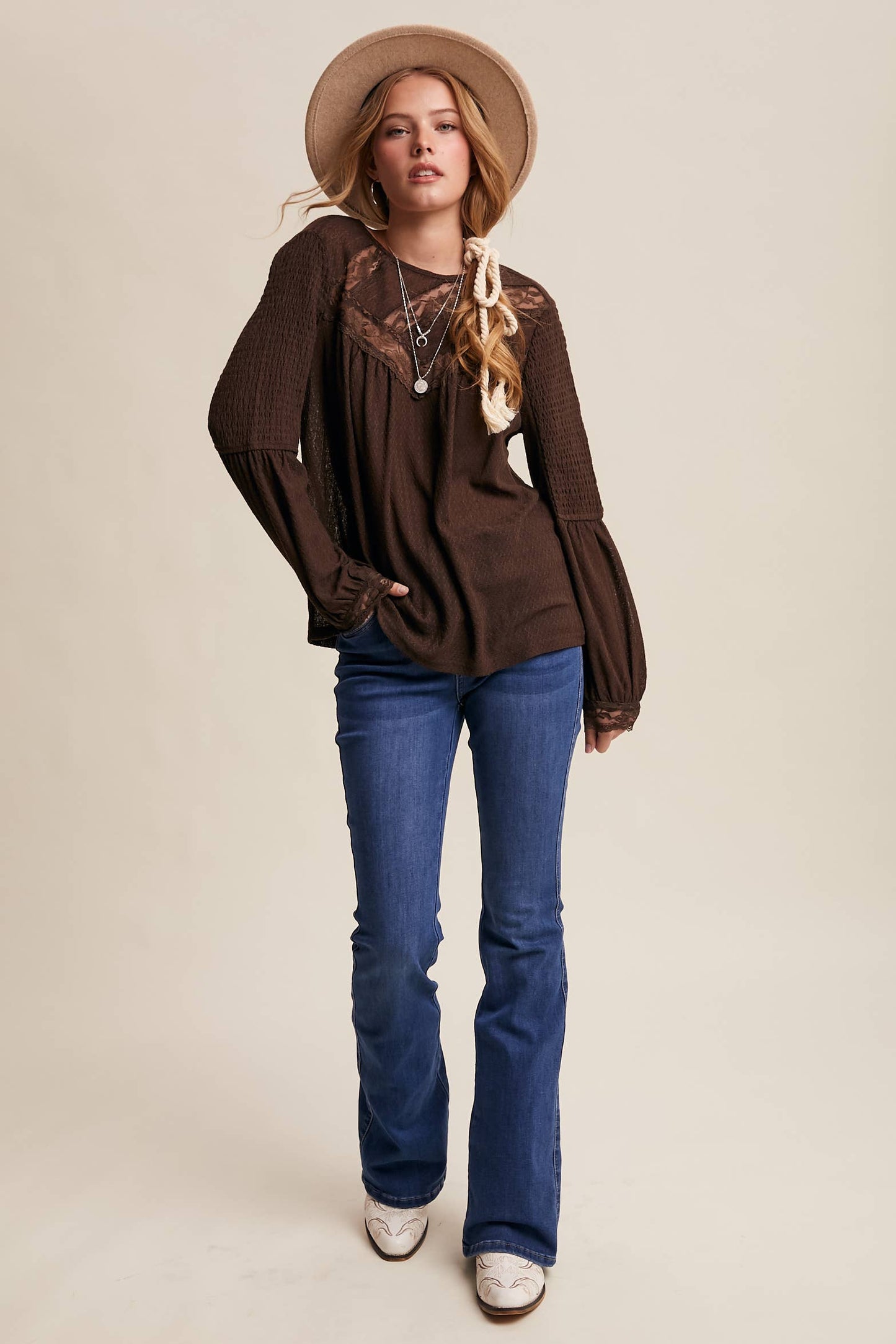 Lace Yoke Textured Knit Blouse