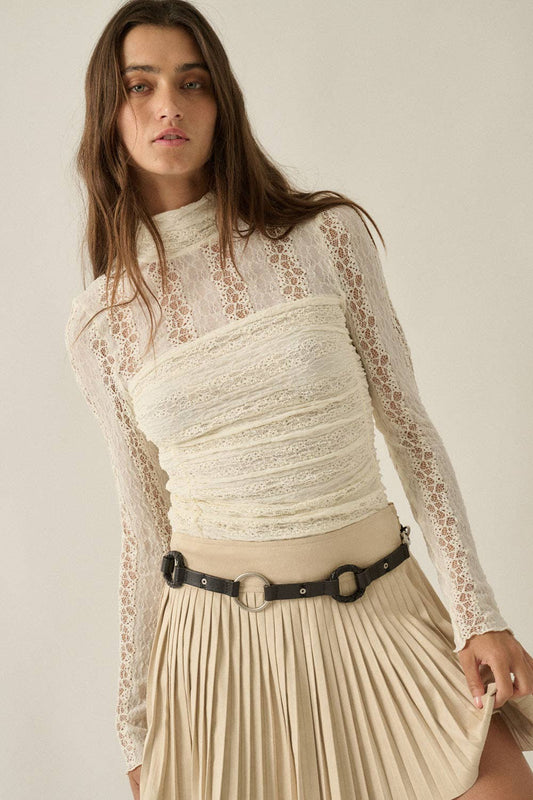 Striped Lace Ruched Mock-Neck Long-Sleeve Bodysuit