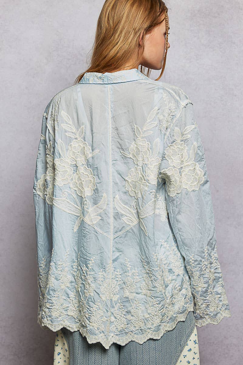 Long Sleeve Embroidered Scalloped Edge Top