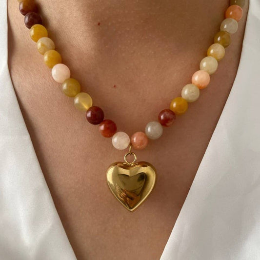 MULTI EARTHY NATURAL STONE HEART CHARM NECKLACE | 40NK9629