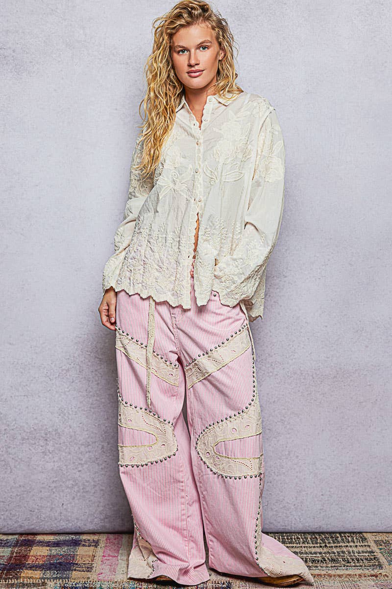 Long Sleeve Embroidered Scalloped Edge Top