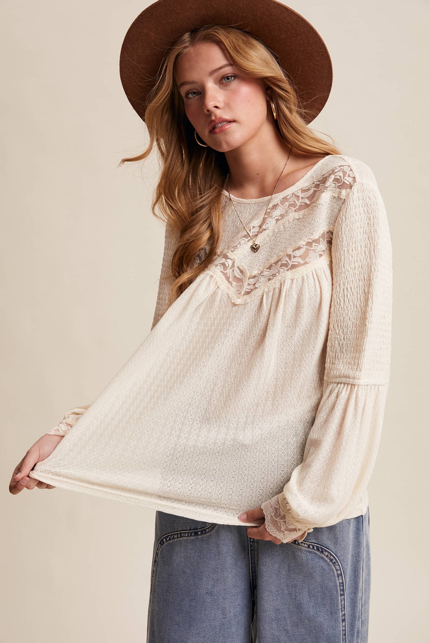 Lace Yoke Textured Knit Blouse