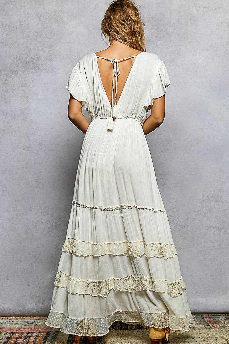 Ruffle V-neck Embroidery Long Dress