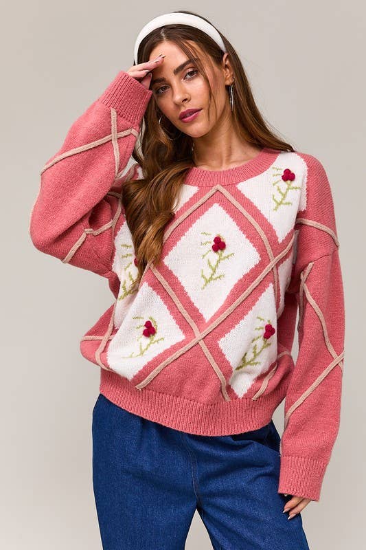 Crew Neck Floral Embroidered Oversized Sweater