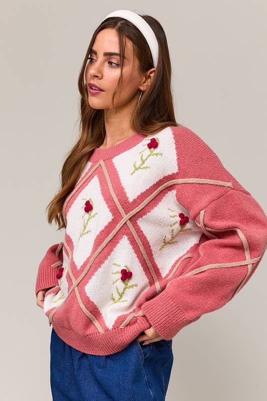 Crew Neck Floral Embroidered Oversized Sweater