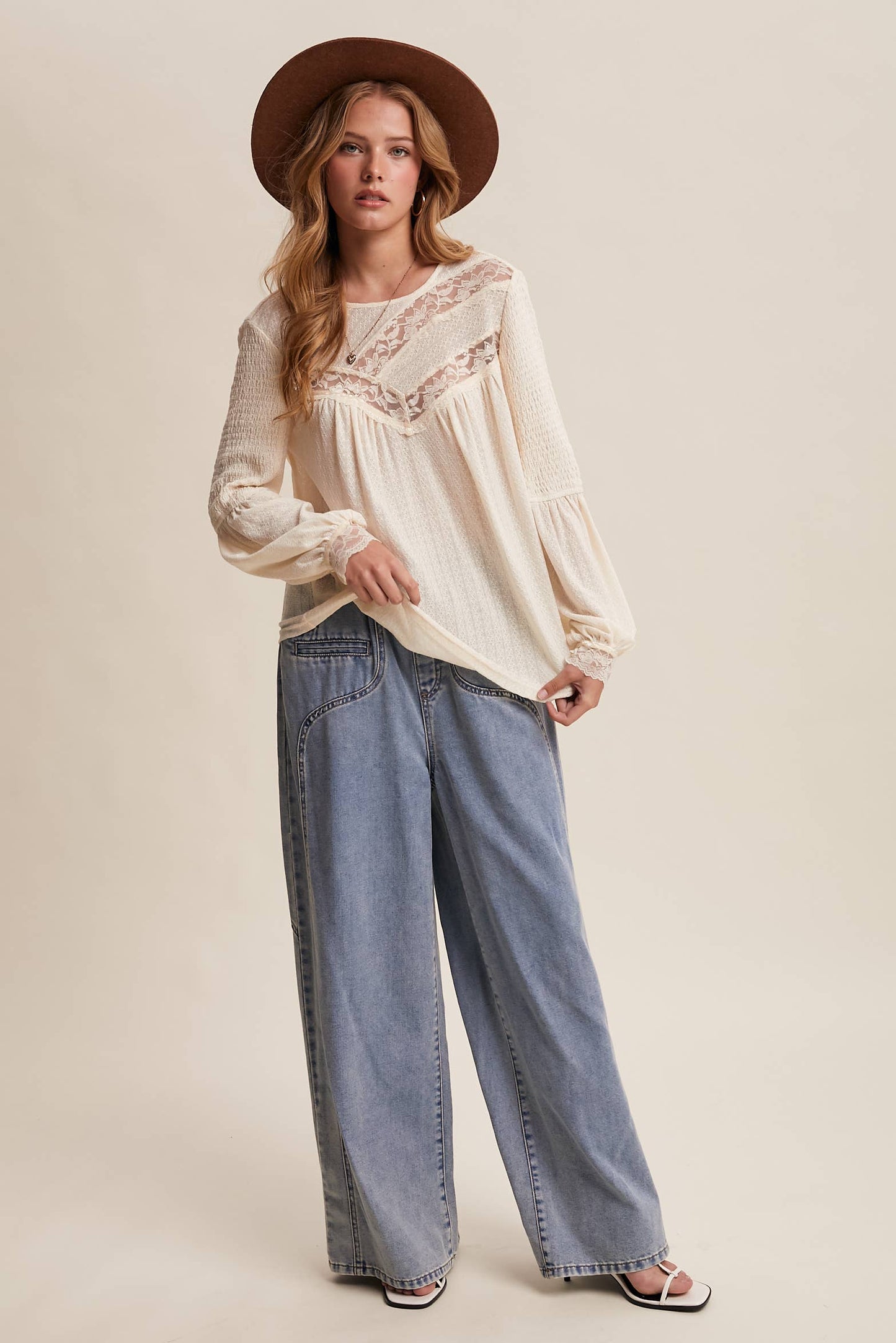 Lace Yoke Textured Knit Blouse