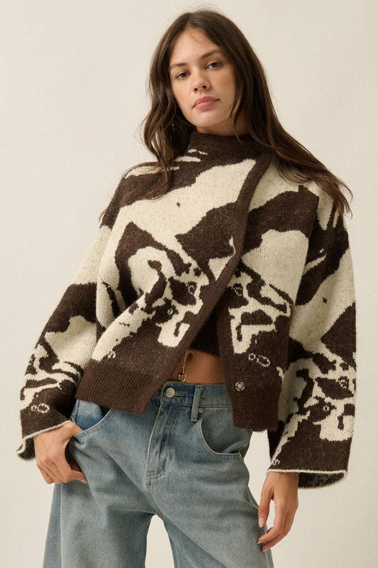 Abstract Jacquard Knit Offset Sweater Jacket
