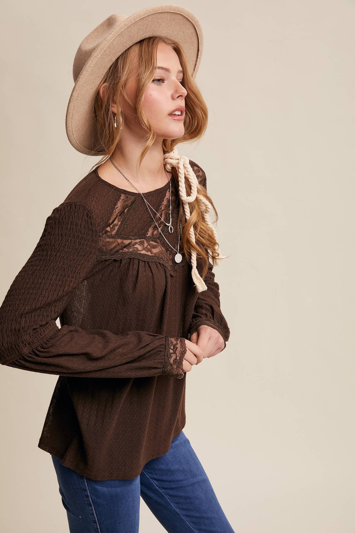 Lace Yoke Textured Knit Blouse
