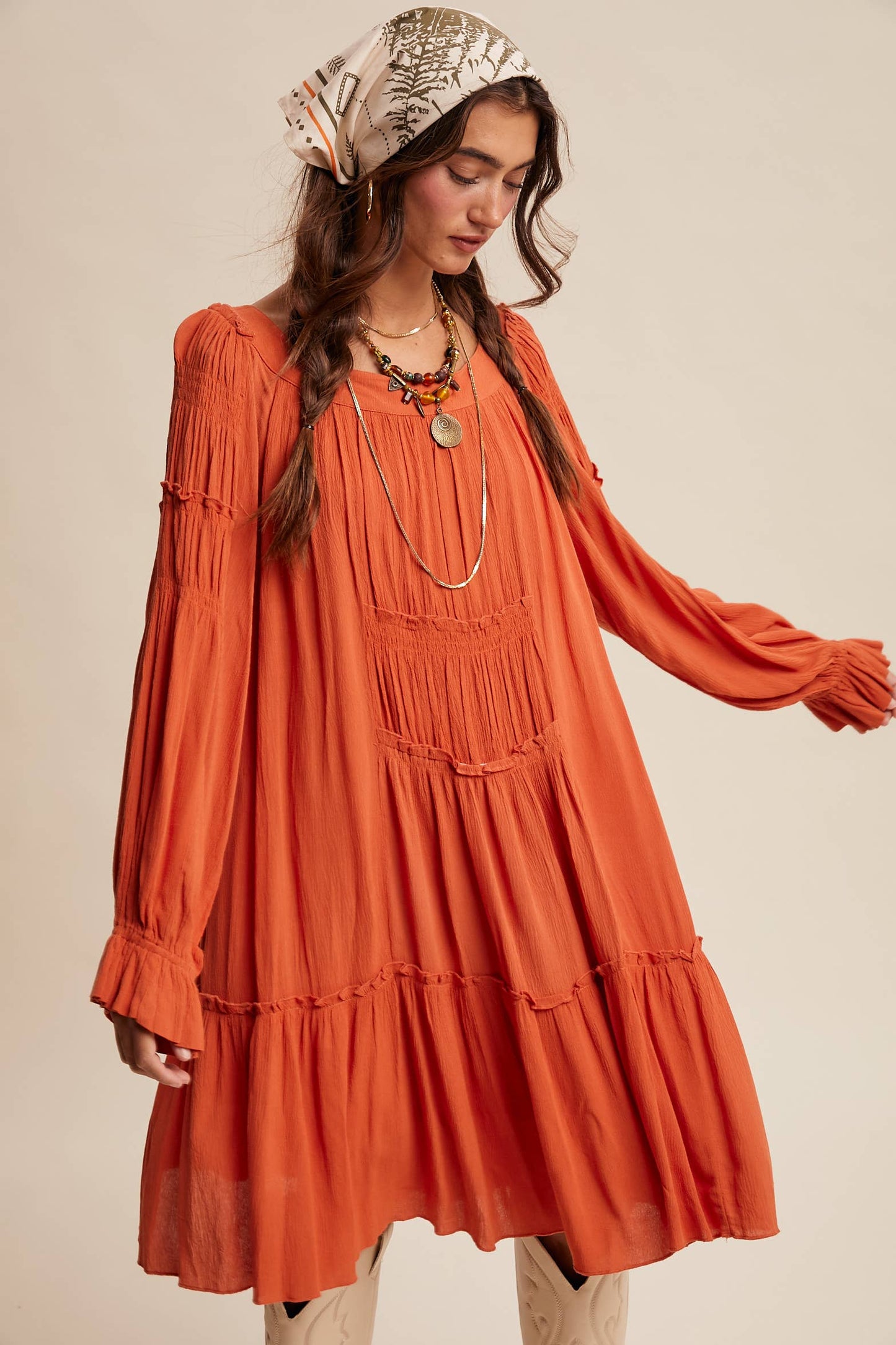 Smocked Tiered Long Sleeve Dress